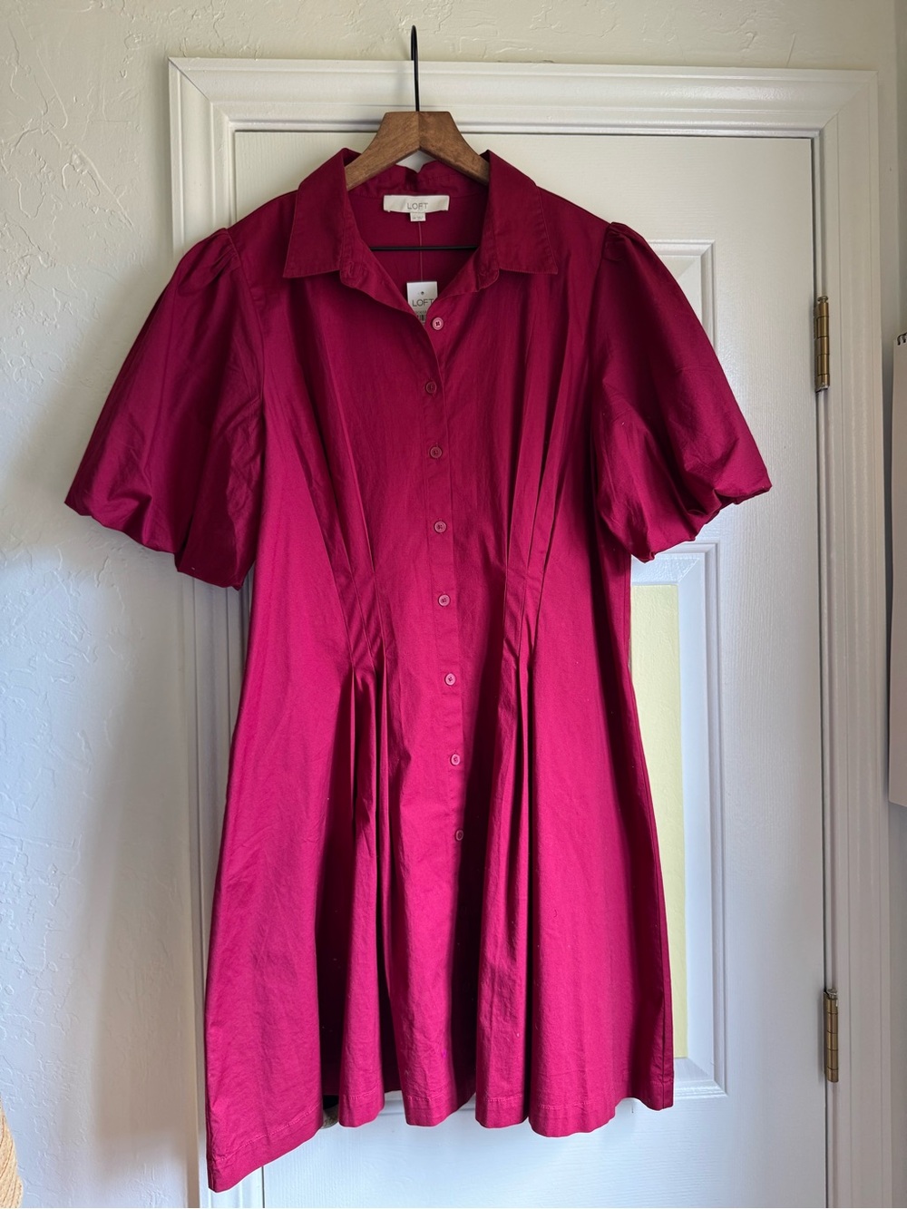 LOFT Button-Front Mini Dress with Puff Sleeves 100% cotton